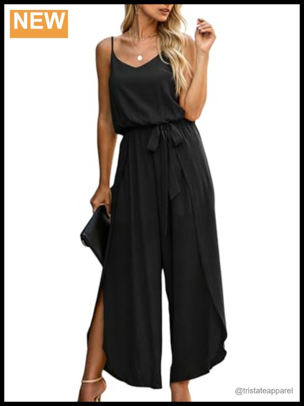 Womens Spaghetti Strap Wide Leg Split Jumpsuit Sleeveless V-Neck Belted